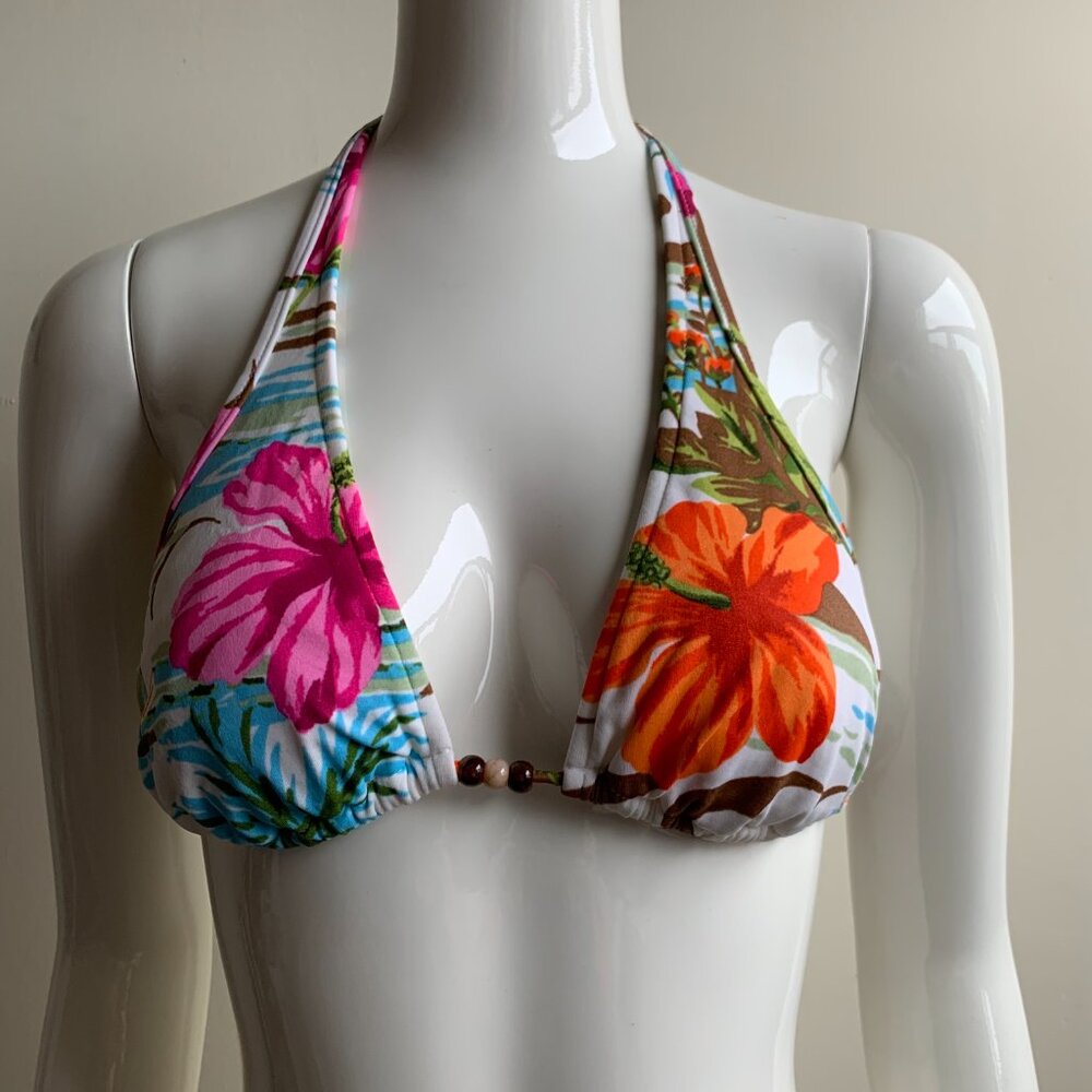 Raisins Multi color floral print beaded halter bikini top size medium
